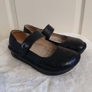 Alegria Paloma Chunky Black Leather Embossed Hieroglyph Mary Jane Clogs Sz 39